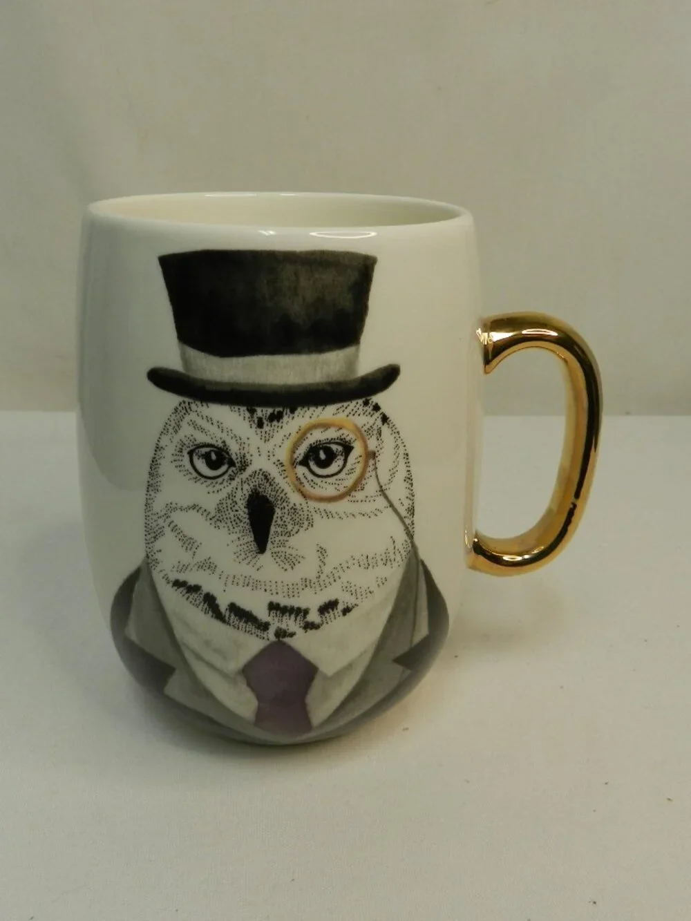 Pier 1 One Vintage Owl bird Mug Cup suit top hat 22 oz ceramic gold handle